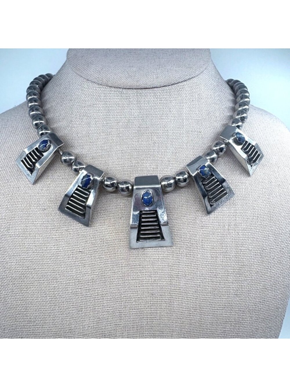 Sterling Silver 925 Navajo Lapis Ribbed Geometric Design Necklace 18" Length